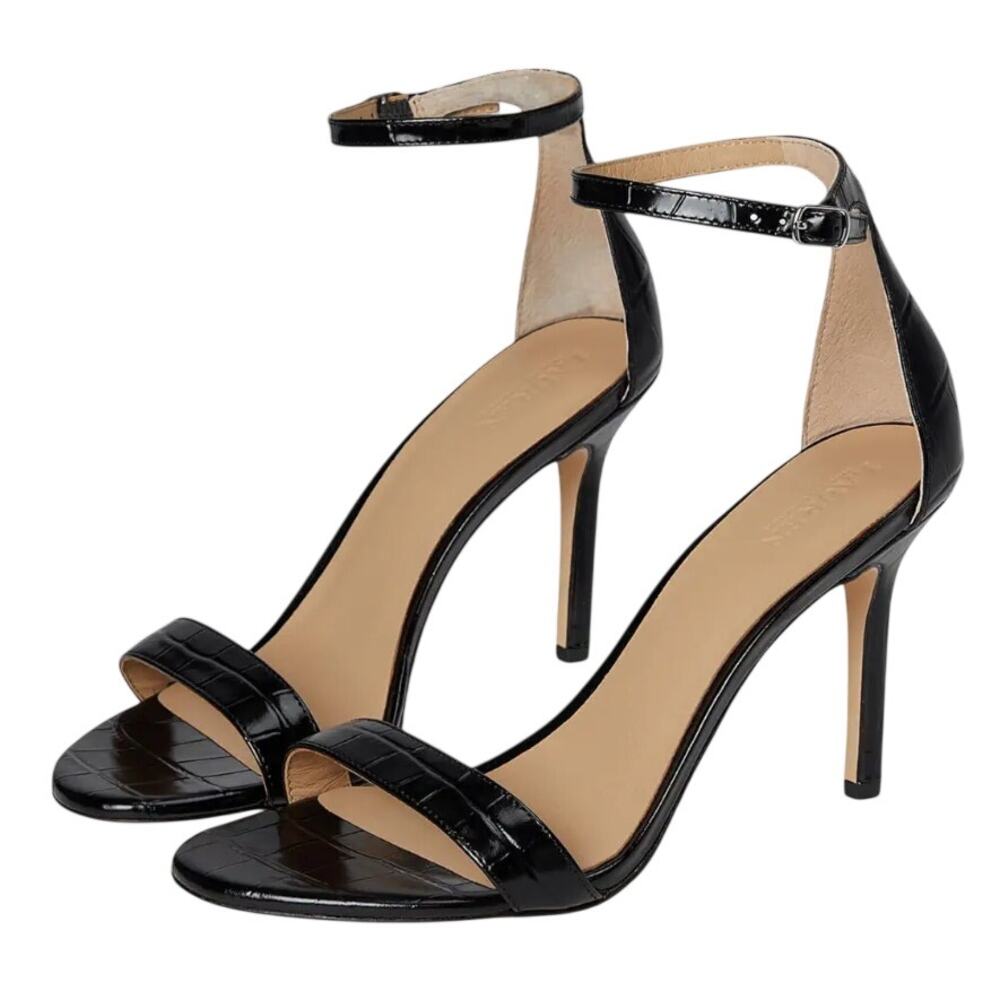Ralph Lauren Womens Allie Heel Sandals US 8 Black Crocodile-Embossed Leather NIB